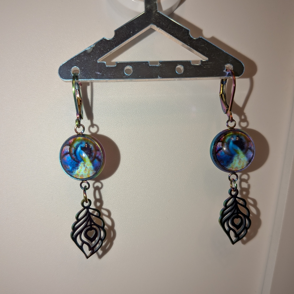 Multicolor Peacock Drop Earrings with Feathers